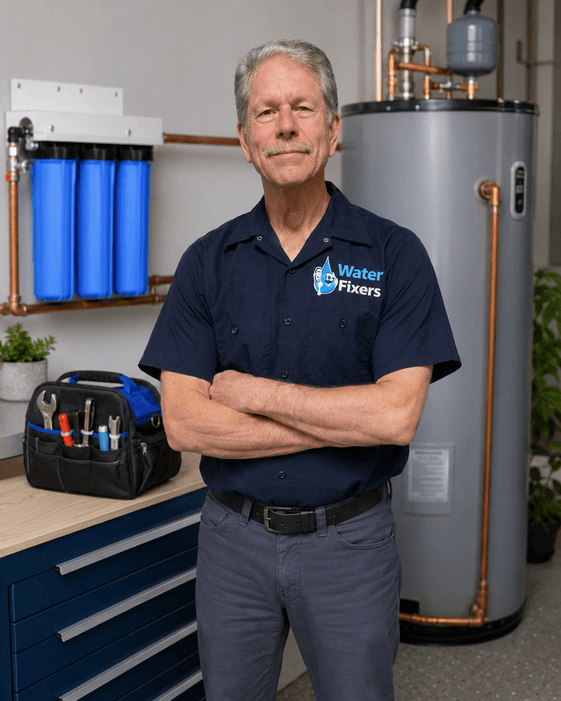 Victor from Water Fixers in a branded shirt