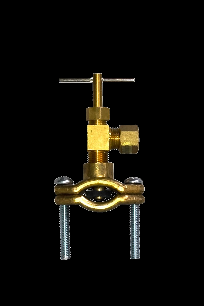 quarter by half inch brass saddle clamp with shutoff valve