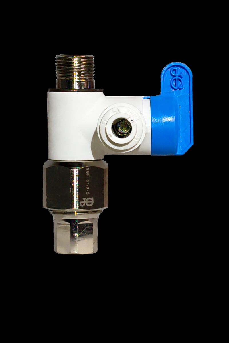 Angle stop adapter with quarter inch ball valve for RO feed connection reference.