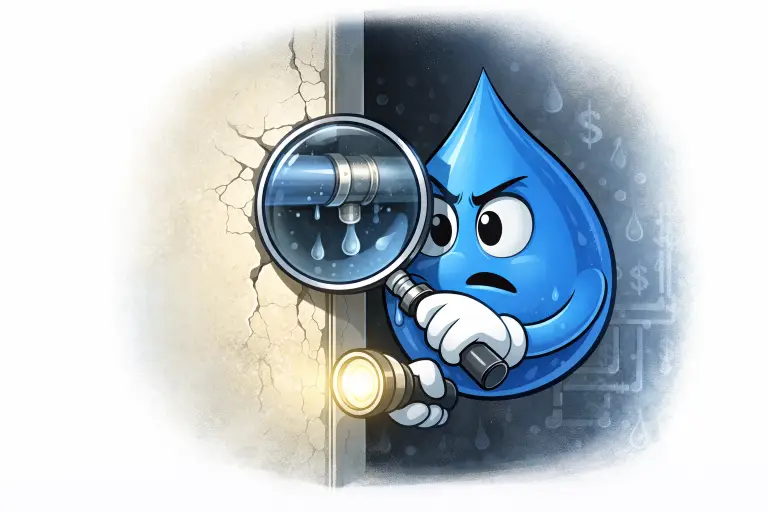 hidden plumbing leak detection illustration showing leaking pipe behind wall with Water Fixers water drop mascot