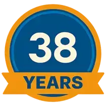 38 years of plumbing experience badge for Water Fixers serving the Central Coast