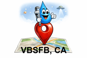 Water Fixers plumbing service area map for VSFB with water drop plumber mascot