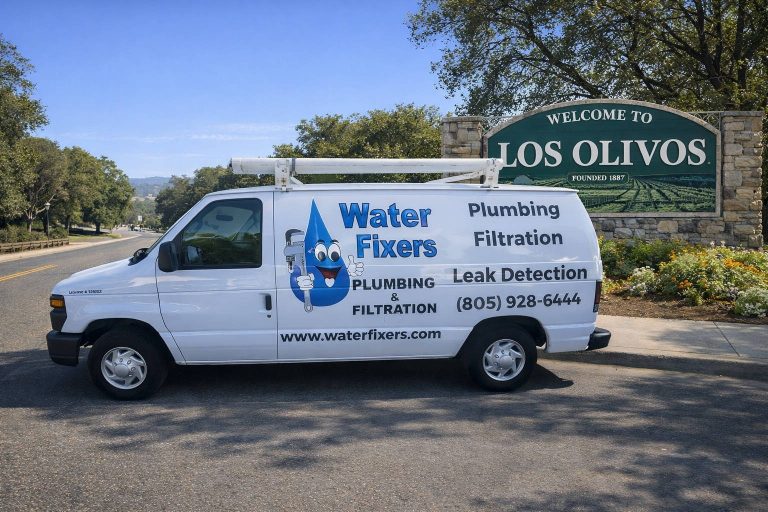 Water Fixers Plumbing service van near Los Olivos CA welcome sign