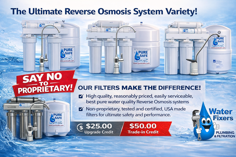 Water Fixers reverse osmosis systems hero banner showing multiple RO system options, non-proprietary filter messaging, and upgrade and trade-in credits for Santa Maria and the Central Coast.