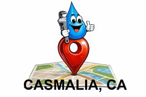 Water Fixers plumbing service area map for Casmalia California with water drop plumber mascot