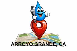 Water Fixers Plumbing and Filtration mascot marking service location in Arroyo Grande California on a map