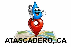 Water Fixers plumbing service area map for Atascadero California with water drop plumber mascot