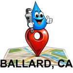 Water Fixers plumbing service area map for Ballard California with water drop plumber mascot