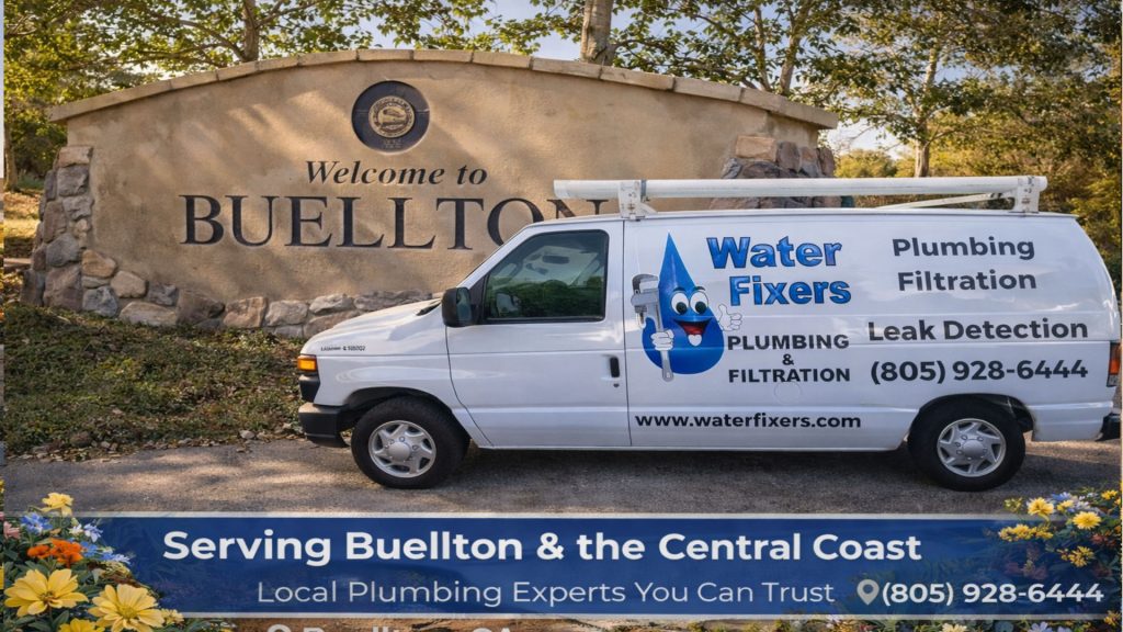 Water Fixers Plumbing & Filtration service van parked at the Welcome to Buellton sign in Buellton California