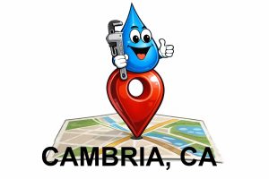 Water Fixers plumbing service area map for Cambria California with water drop plumber mascot