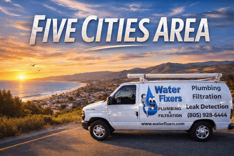 Water Fixers Plumbing & Filtration service van overlooking California’s Five Cities coastline at sunset with large Five Cities Area title text across the top.