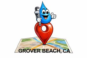 Water Fixers plumbing service area map for Grover Beach California with water drop plumber mascot