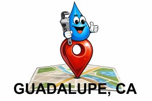 Water Fixers plumbing service area map for Guadalupe California with water drop plumber mascot