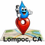 Water Fixers plumbing service area map for Lompoc California with water drop plumber mascot