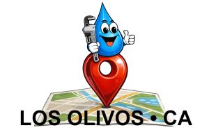Water Fixers plumbing service area map for Los Olivos California with water drop plumber mascot