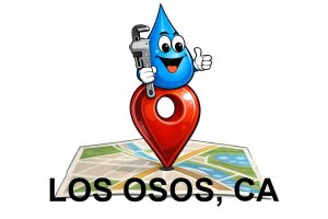 Water Fixers plumbing service area map for Los Osos California with water drop plumber mascot