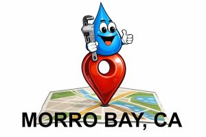 Water Fixers plumbing service area map for Morro Bay California with water drop plumber mascot