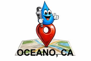 Water Fixers Plumbing and Filtration mascot marking service location in Oceano California on a map