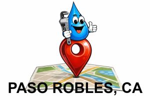 Water Fixers plumbing service area map for Paso Robles California with water drop plumber mascot