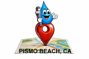 Water Fixers plumbing service area map for Pismo Beach California with water drop plumber mascot