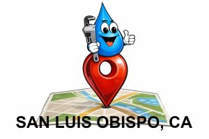 Water Fixers plumbing service area map for San Luis Obispo California with water drop plumber mascot