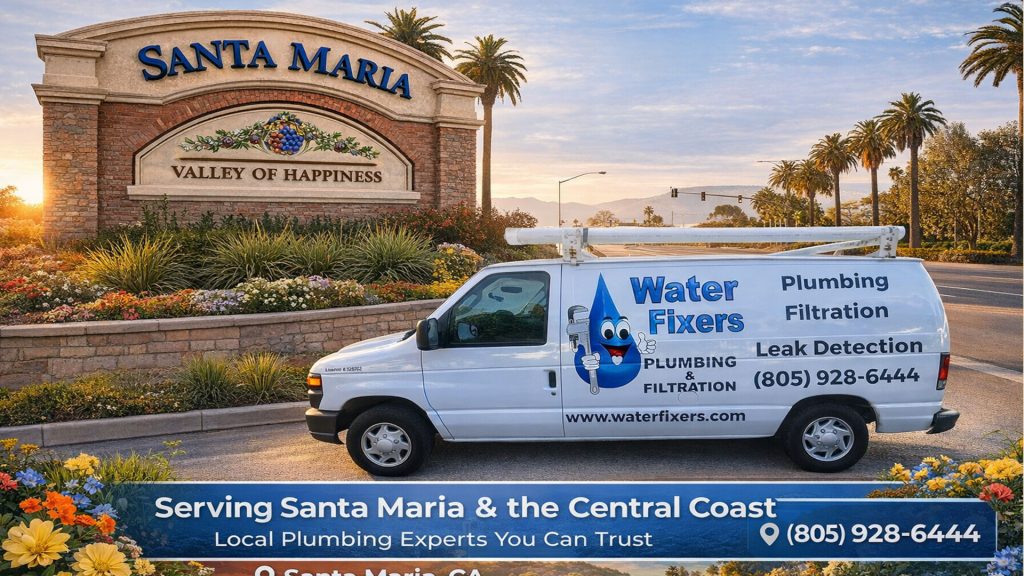 Water Fixers Plumbing and Filtration service van at the Santa Maria California welcome sign