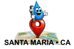 Water Fixers Plumbing and Filtration mascot marking service location in Santa Maria California on a map