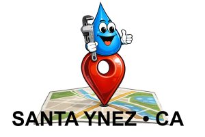 Water Fixers plumber service location Santa Ynez CA with water drop mascot and map marker