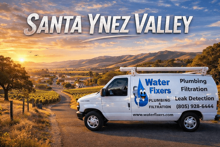 Water Fixers Plumbing & Filtration service van in California’s Santa Ynez Valley at sunset with large Santa Ynez Valley title text across the top.