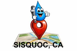 Water Fixers plumbing service area map for Sisqoc California with water drop plumber mascot