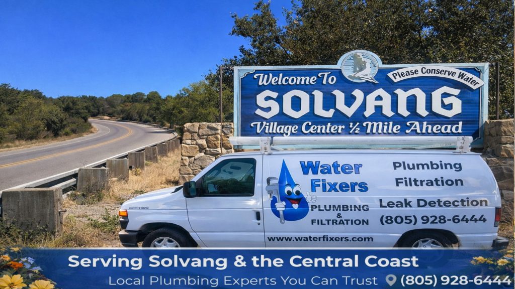 Water Fixers Plumbing & Filtration service van at the Welcome to Solvang California sign