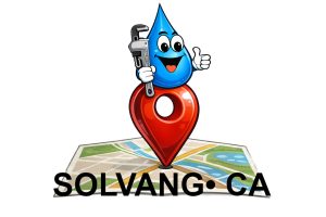 Water Fixers plumbing service area map for Solvang California with water drop plumber mascot