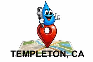 Water Fixers plumbing service area map for Templeton California with water drop plumber mascot