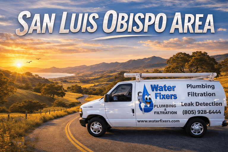 Water Fixers Plumbing & Filtration service van in the San Luis Obispo Area at sunset with large San Luis Obispo Area title text across the top.