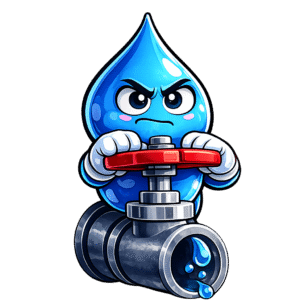 Cartoon Water Fixers water drop mascot turning a red water shut off valve.