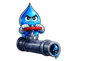 Water Fixers blue water drop mascot turning a red water shut-off valve on a pipe.