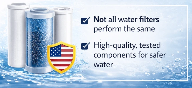 Why filter quality matters graphic showing water filter cartridges and message about safer high-quality tested components