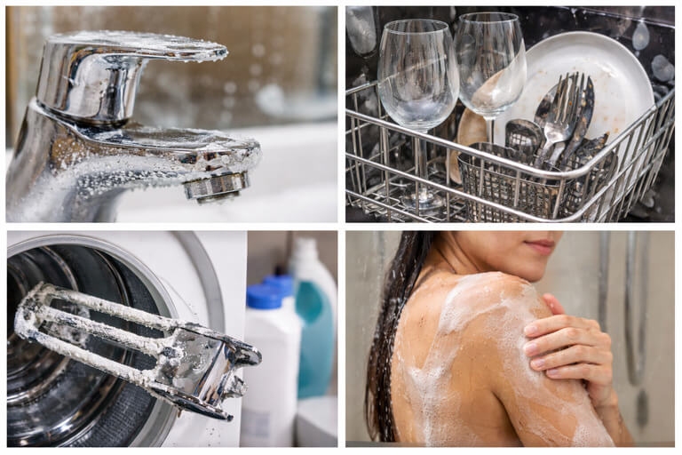 Composite image showing common hard water problems including scale on a faucet, spotted dishes, mineral buildup on an appliance part, and dry skin in the shower