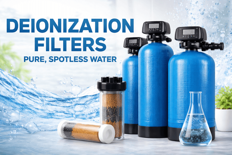 Blue deionization filter tanks and filter media for spot-free purified water treatment service