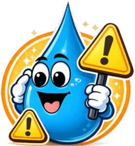 Cartoon water droplet warning icon holding a caution sign for water softener service content