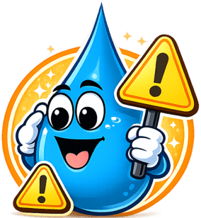 Cartoon water droplet warning icon holding a caution sign for water softener service content