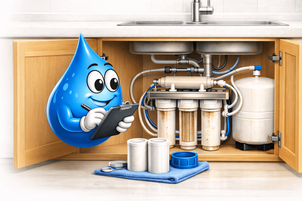 Water Fixers Drop Guy inspecting an existing under-sink reverse osmosis system