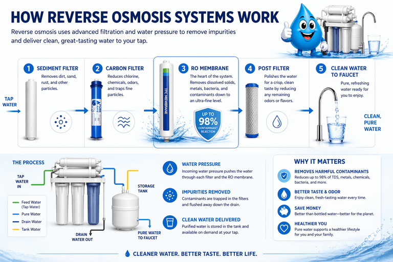 How reverse osmosis systems work diagram with filtration stages including sediment, carbon, membrane, and post filter producing clean drinking water