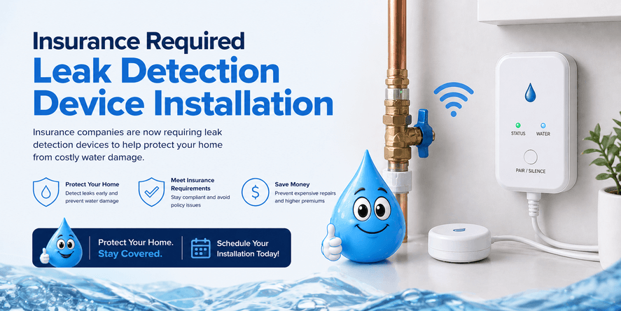 Insurance-required leak detection device installation with smart water shutoff system and Water Fixers drop mascot.