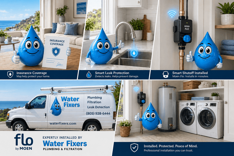 Moen Flo smart water shutoff installation with leak detection protection by Water Fixers Plumbing & Filtration in Santa Maria and Central Coast home