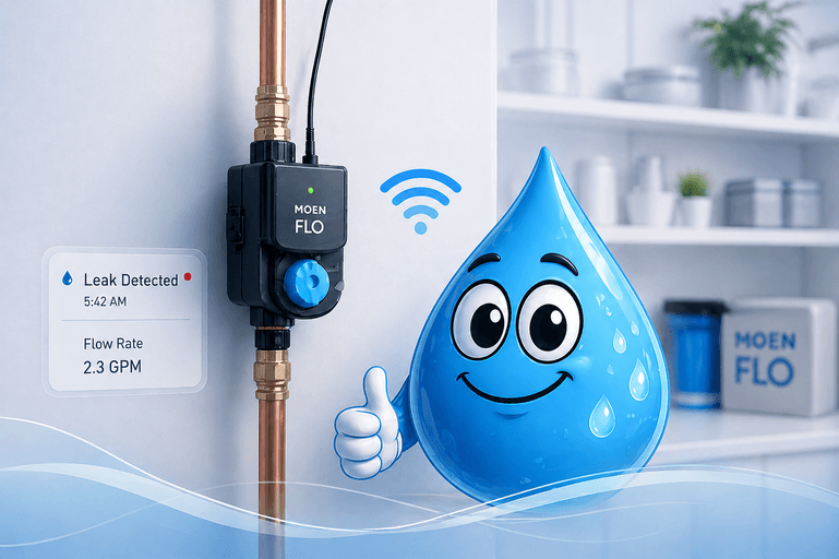 Moen Flo system showing leak detection alerts including burst pipe and running water notifications on smart phone