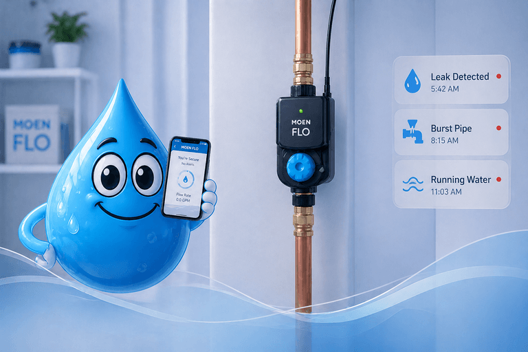 Moen Flo smart water monitor installed on copper pipe with Water Fixers drop mascot showing approval for leak detection system