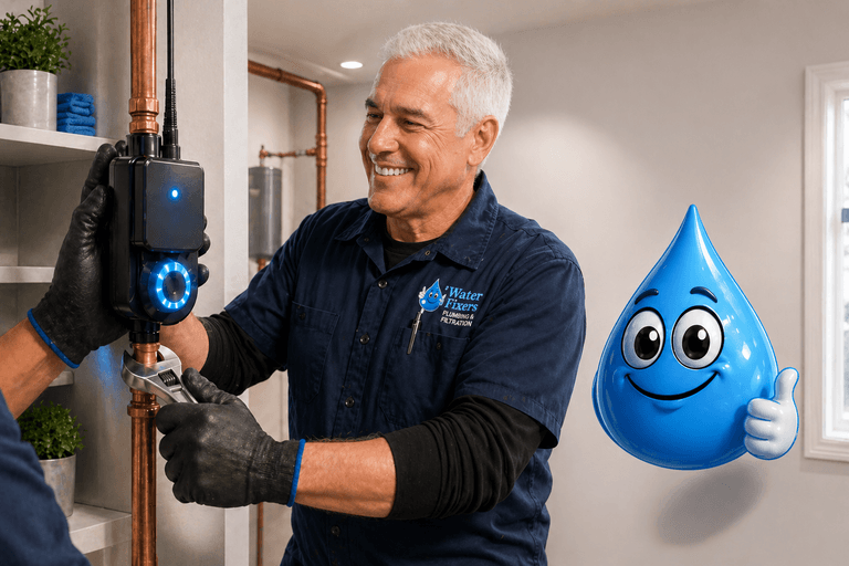 Moen Flo smart water monitor and shutoff installed on copper pipe by Water Fixers plumber with blue droplet mascot