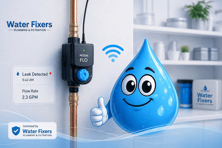Moen Flo smart water shutoff device installed on copper plumbing with Water Fixers branding and blue water droplet mascot.