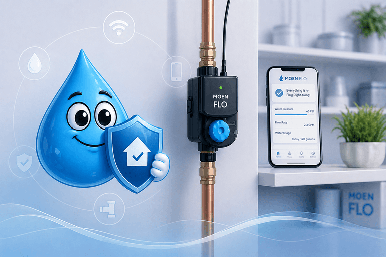 Moen Flo smart water shutoff system with mobile app showing system secure status and water monitoring data